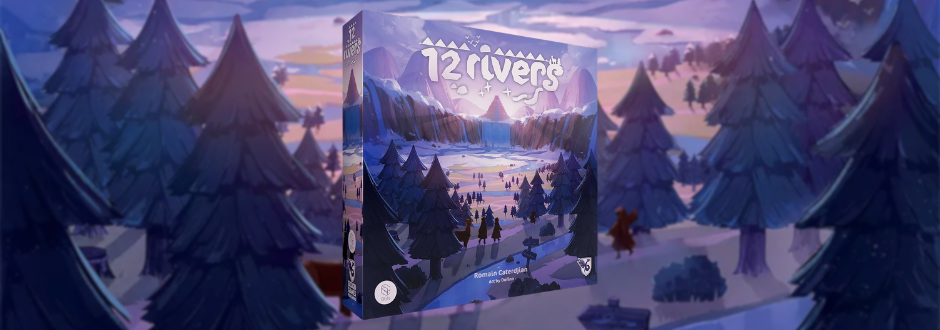 Board game box of 12 Rivers featuring a purple forest background with the title prominently displayed