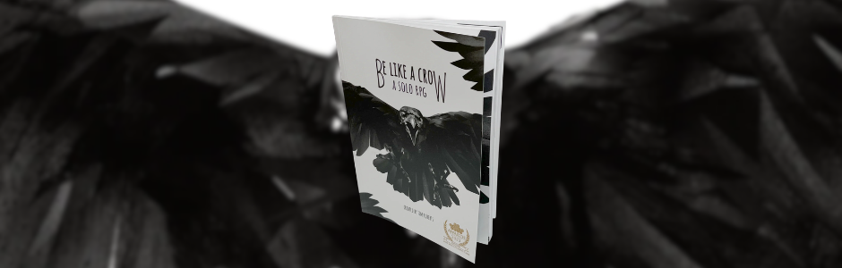 The image features a book titled "Be Like a Crow" with a black crow illustration on the cover. The background is a blurred, dark, feathered texture, creating a mysterious and intriguing tone.