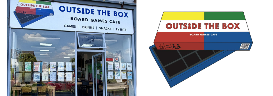 board game cafe building (left) and logo (right)