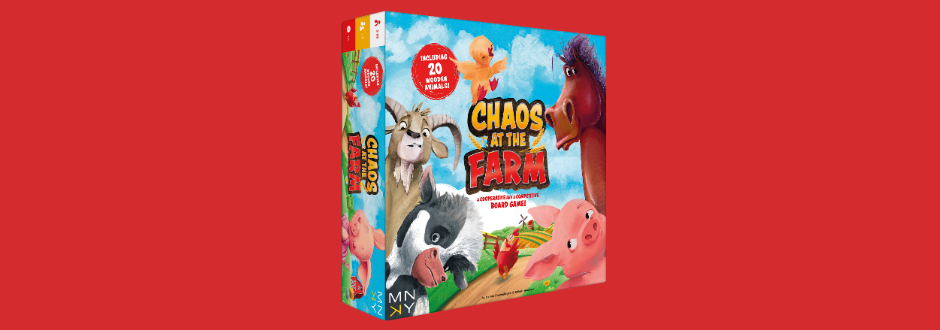 Chaos at the Farm board game box on a red background