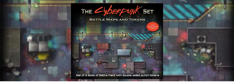 Box cover for "The Cyberpunk Set: Battle Maps and Tokens," featuring a vibrant, grid-based urban map with colorful tokens and a neon aesthetic.