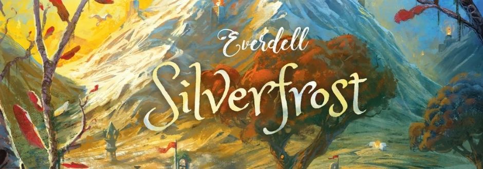 Fantasy artwork for "Everdell: Silverfrost" with vibrant mountains and whimsical trees. A magical, adventurous tone is set with warm and cool colors.