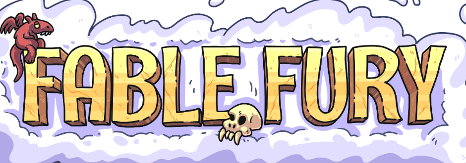 Fable Fury game logo on a cloud backdrop with a red dragon in the top left corner and a skull in the middle