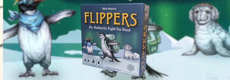 Box cover of the board game "Flippers", featuring whimsical Antarctic animals like penguins and seals in snowy scenery, conveying an adventurous tone.