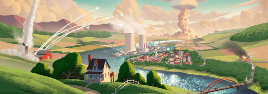 Board game illustration of a town featuring a river and a nuclear power plant