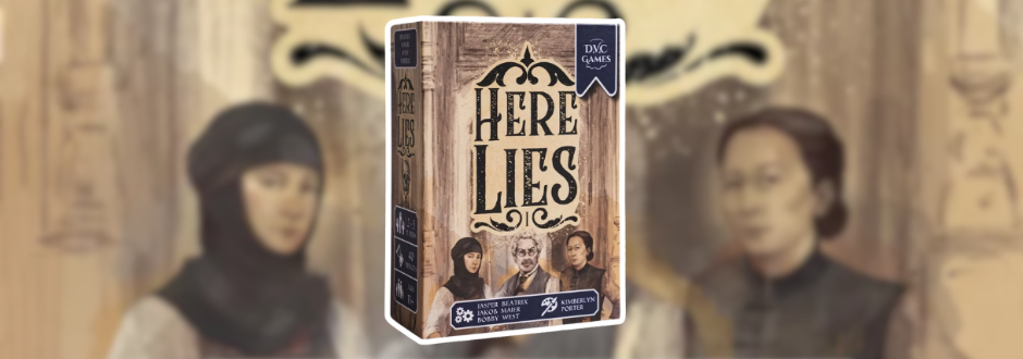 An ornate “Here Lies” box with small character portraits stands against blurred sepia-toned figures