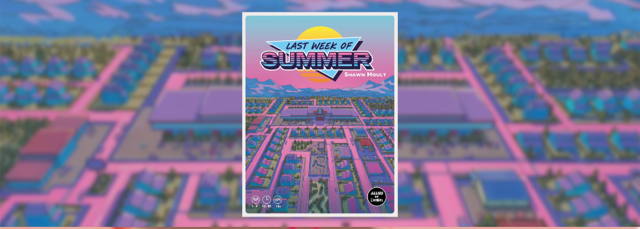 A summer-themed aerial cityscape in pink and blue, with a centered poster reading “Last Week of Summer” and a sunset over the horizon.