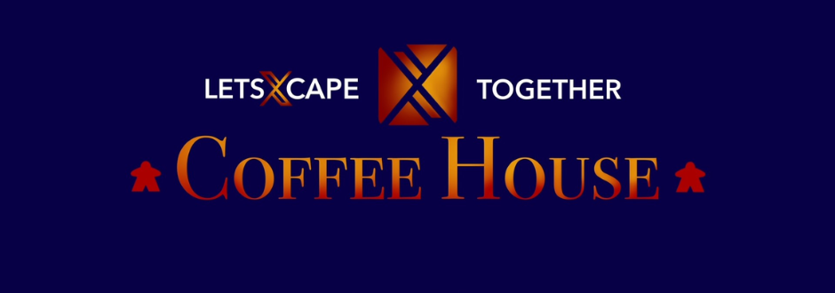 Blue background featuring the text "Let's Xcape Together" above "Coffee House" in bold orange letters. A subtle board game theme is suggested by the icons.