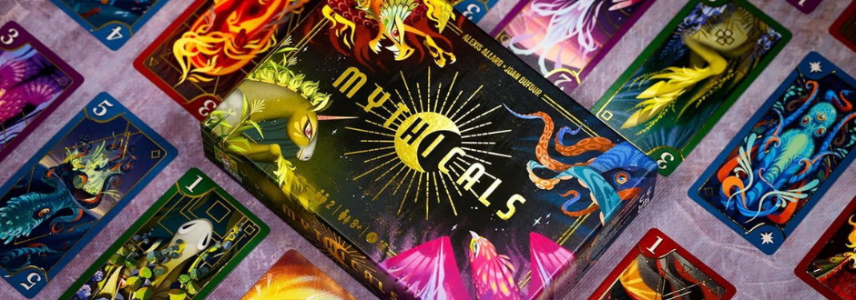 Board game featuring a dragon theme, surrounded by various game cards depicting dragons and gameplay elements