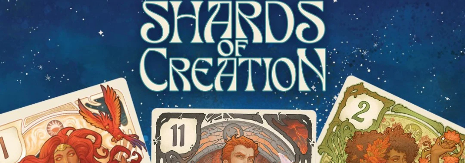 The logo for Shards of Creation with some cards under it