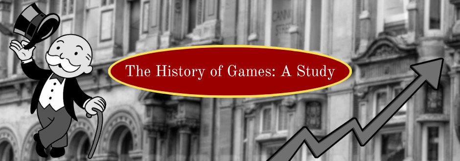 The monopoly man with an upwards growth arrow and text in the middle saying 'The History of Games: A Study'