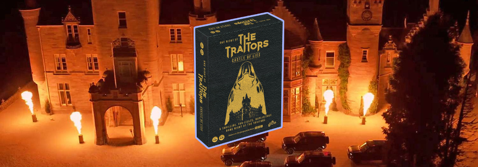 The Traitors board game with The Traitors castle in the background