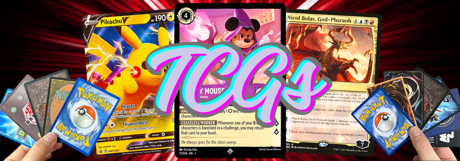 Text saying 'TCGs' with trading cards from different franchises in the background