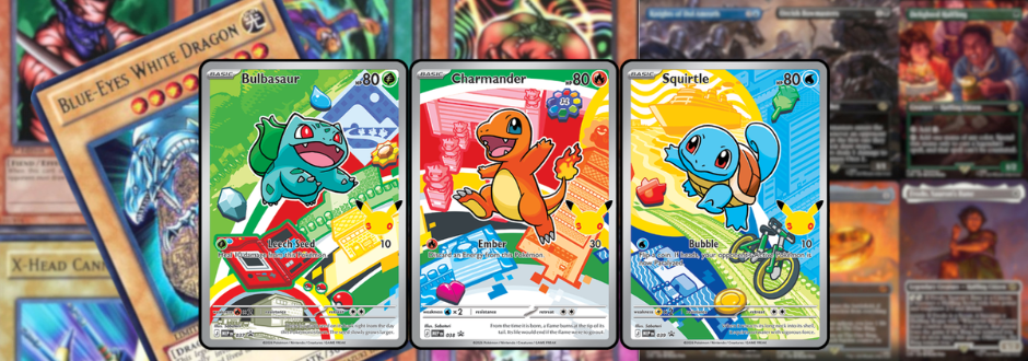 Pokemon card in the forefront of the image with other trading cards from different franchises blurred in the background