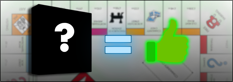 A mystery board game equaling a thumbs up with a blurred monopoly board in the background