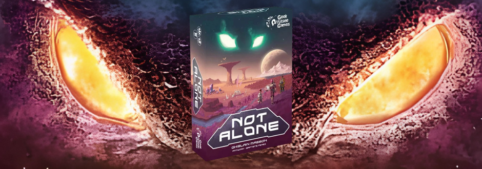 Huge alien eyes with an image of the second edition of Not Alone (the box) in the middle