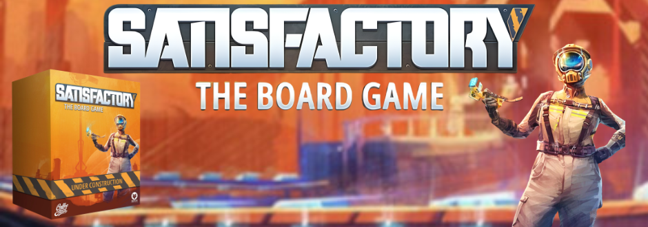 The Satisfactory board game logo with the character in the background along with the box