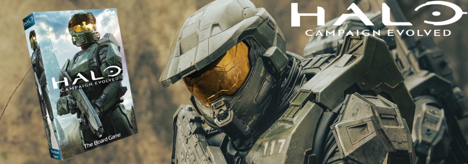 Master Chief with the Campaigh Evolved box on the left and the logo on the right