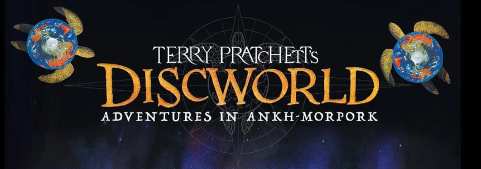 The Discworld logo with 2 earth turtles in the background