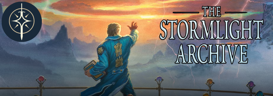 A wizard casting a spell into a sunset with the Stormlight Archive written alongside its logo