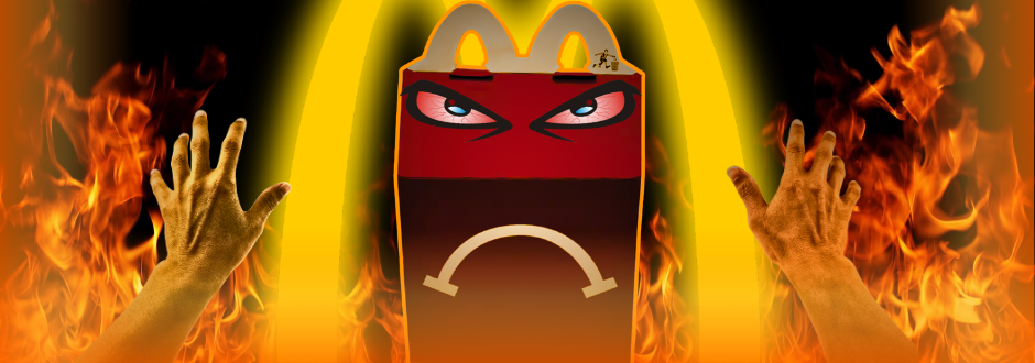 An angry McDonalds box in fire attacking someone