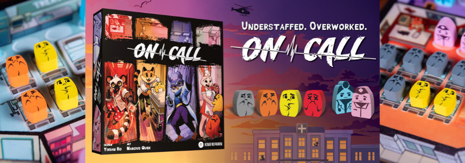 Promotional banner for On Call, featuring animal healthcare workers, colourful game pieces and a hospital backdrop.