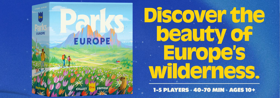 A board game titled "Parks Europe," showcasing illustrations of Europe's natural landscapes and wildlife.