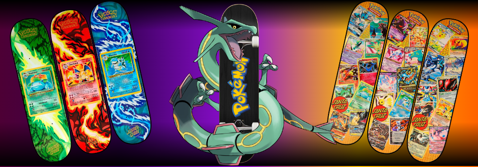 Rayquaza wrapped around a skateboard with skateboards on the left and right