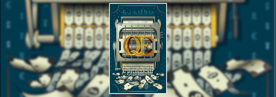 header image of a typewriter producing money notes, with a gold 'QE' logo in the middle