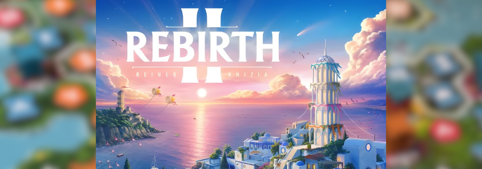 Rebirth II by Reiner Knizia, showing a seaside city at sunset beneath the game’s title.