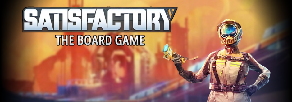 The Satisfactory logo with the character and a blurred background of the landscape from the box
