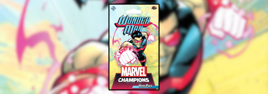 A Marvel Champions: Wonder Man Hero Pack sits against a colorful, blurred comic-book backdrop, showing the hero lunging forward with a clenched fist.