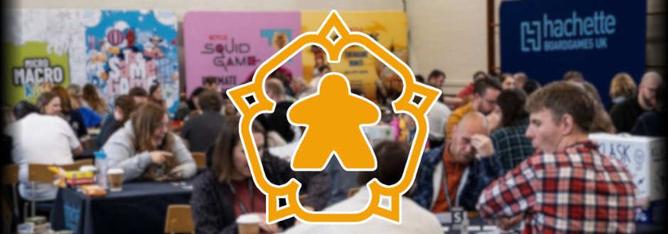 A photo of York Board Game Convention blurred with the logo placed over it