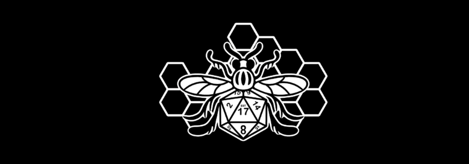 An illustration of a bee with wings spread, featuring a 20-sided die as its body. Hexagonal patterns are in the background, set against black.