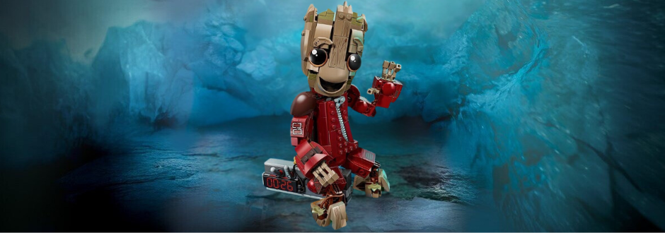 lego groot set in an icy cave backdrop