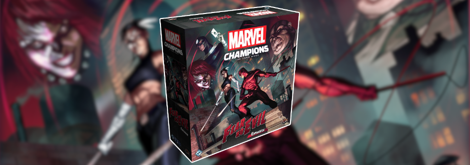 A Marvel Champions: The Card Game box sits against blurred comic-book art, featuring red-and-black-costumed heroes in a dramatic, high-action scene.