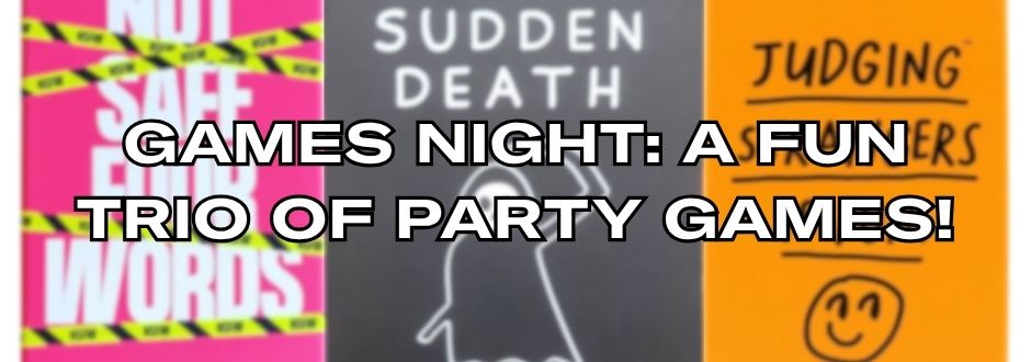 Bright promotional image for a trio of party games. From left to right: pink with caution tape, black with a ghost outline, orange with a smiley face. Bold text overlay reads: 'Games Night: A Fun Trio of Party Games!' The tone is playful and inviting