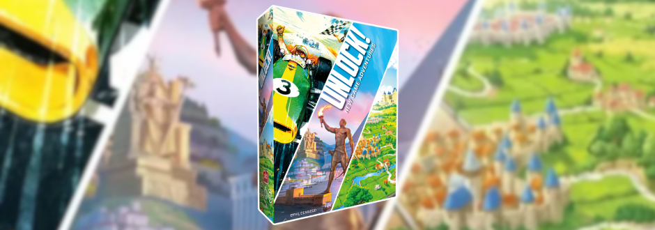 A colorful UNLOCK! adventure game box shows a jungle explorer and vivid landscapes, set against blurred game artwork