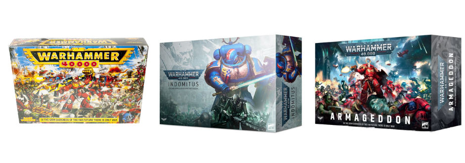 line up of 3 different warhammer 40k starter sets from old to new