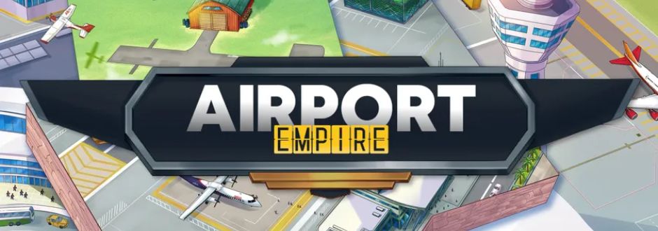 Illustrated airport scene with planes and control tower, featuring the bold text "Airport Empire" in the center. The image has a vibrant, bustling tone.