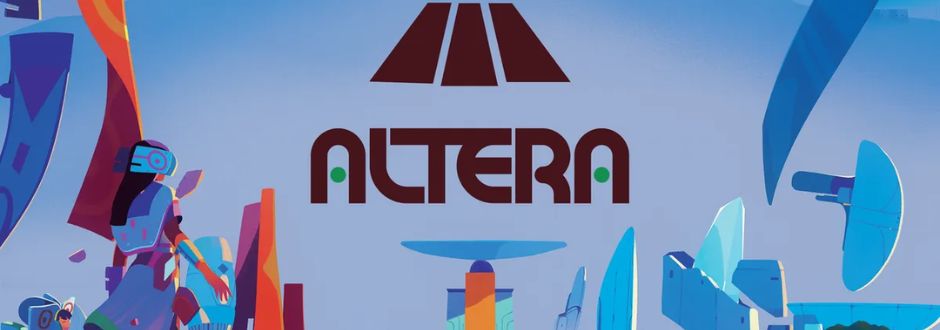 Futuristic landscape with vibrant, stylized structures under a blue sky. "Altera" logo at center, featuring abstract elements and bold colors.