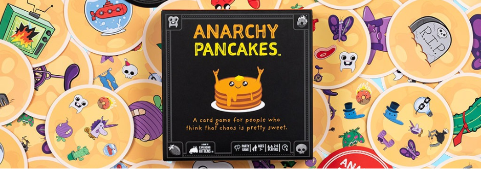 Dobble Anarchy Pancakes box surrounded by cards