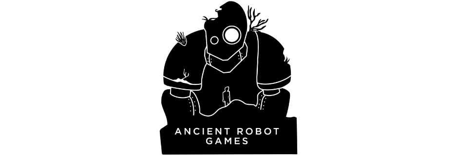 Silhouette of a large, ancient-looking robot with branches growing out, towering over a small human figure. Text below reads: "Ancient Robot Games."