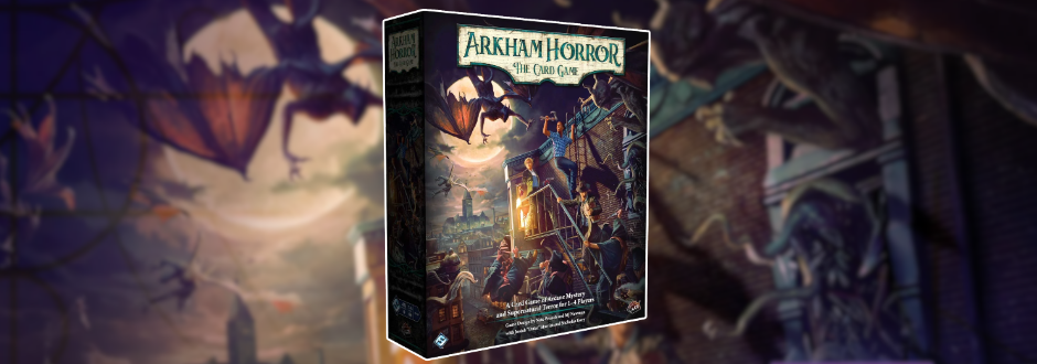 Arkham Horror: The Card Game box stands centered against a blurred matching backdrop, showing figures beneath looming tentacles