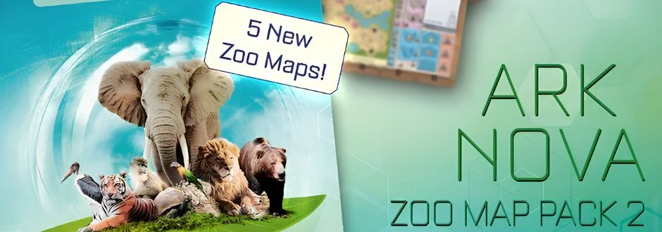 Promotional image for Ark Nova Zoo Map Pack 2. Features an elephant, tiger, sea lion, bear, and lion against a globe background, with text '5 New Zoo Maps!' and 'Ark Nova Zoo Map Pack 2' on a green background