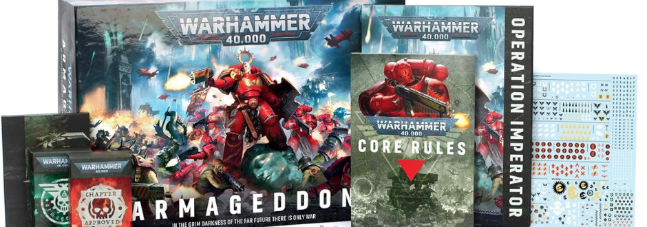 Box set of Warhammer 40,000 Armageddon featuring vibrant artwork of armored soldiers in battle. Includes core rules and accessory sheets.