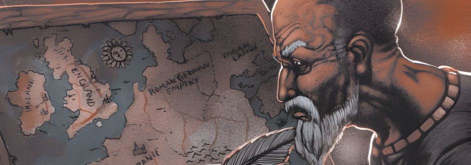 A thoughtful, bearded man studies an old map with a feather pen in hand. The scene conveys concentration and curiosity, set in a historical context.