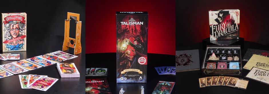 A set of three board games displayed on a black and red backdrop. From left to right: Guillotine with cards and guillotine prop, Talisman featuring a fantasy theme, and Fury of Dracula with open box, cards, and game pieces. 