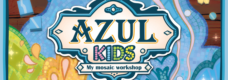 Colorful 'Azul Kids: My Mosaic Workshop' logo on a mosaic background featuring tiles in blue, green, and yellow hues, creating a playful, artistic atmosphere