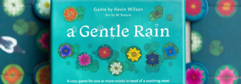 A Gentle Rain board game box on a blurred out tile background